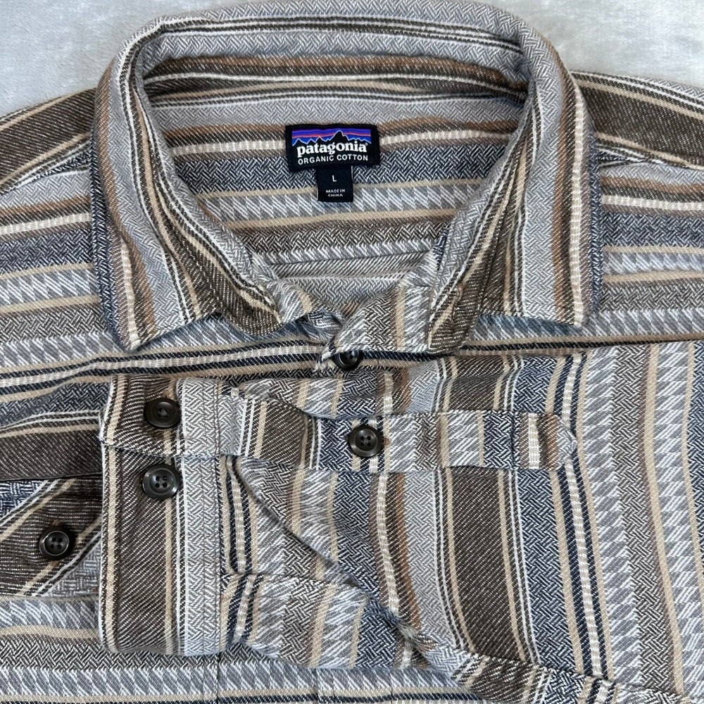 Patagonia Flannel Shirt Mens‎ L Brown Organic Cotton Fjord Stripe 53947 FA19